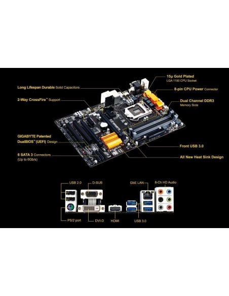 Gigabyte H97-HD3 - Placa base (Intel, DDR3-SDRAM Dual Channel, SATA, 2 x PCI 2.0, 6 x USB 3.0/2.0, 8 x USB 2.0/1.1), negro: GIGA