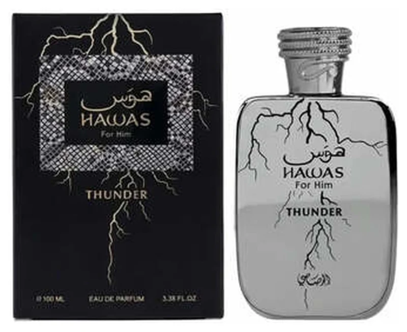 Frasco gris azulado con un rayo y estuche negro de Rasasi Hawas Thunder, Eau de Parfum 100 ml