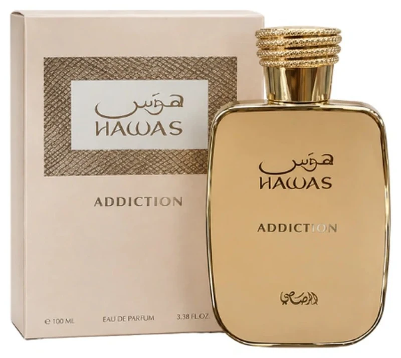 Frasco color arena con tapón dorado y estuche crema de Rasasi Hawas Addiction, Eau de Parfum 100 ml