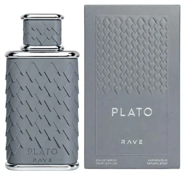 Frasco gris con relieve de escamas de RAVE Plato junto a su caja
