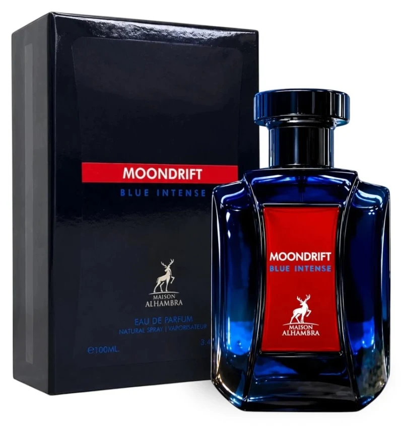 Frasco de cristal azul con etiqueta roja y estuche azul oscuro de Maison Alhambra Moondrift Blue Intense Eau de Parfum 100 ml