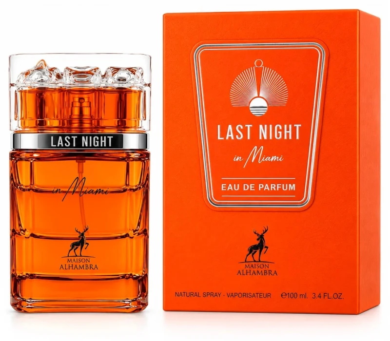 Frasco de cristal naranja con tapón facetado y estuche naranja de Maison Alhambra Last Night in Miami Eau de Parfum 100 ml