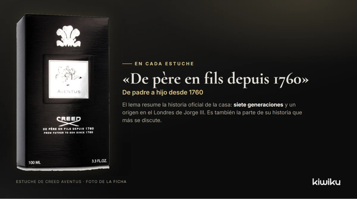 Estuche de Creed Aventus con el lema De père en fils depuis 1760