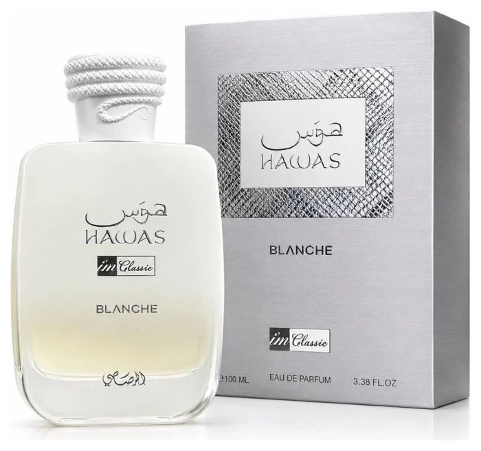 Frasco y estuche de I'm Rasasi Hawas Blanche Eau de Parfum 100 ml