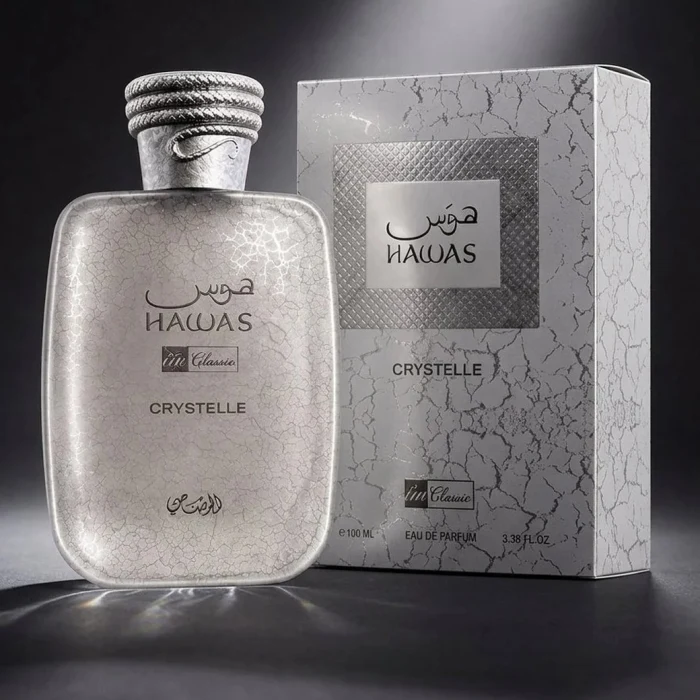 Frasco y estuche de I'm Rasasi Hawas Crystelle Eau de Parfum 100 ml