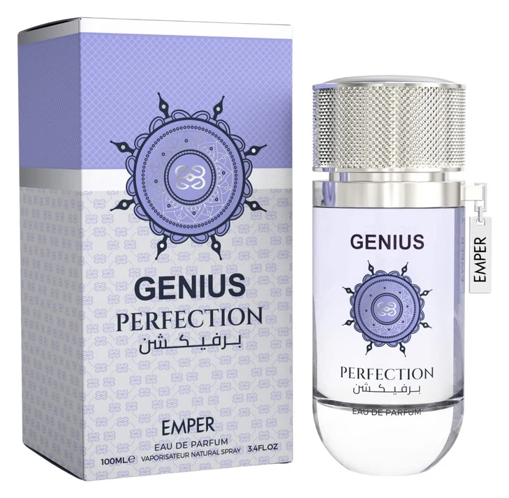 Frasco de cristal lavanda con tapón plateado y estuche de Emper Genius Perfection, Eau de Parfum 100 ml