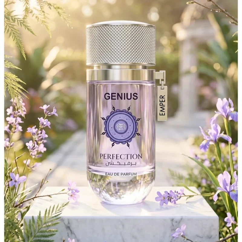Emper Genius Perfection sobre un pedestal de mármol entre flores de iris
