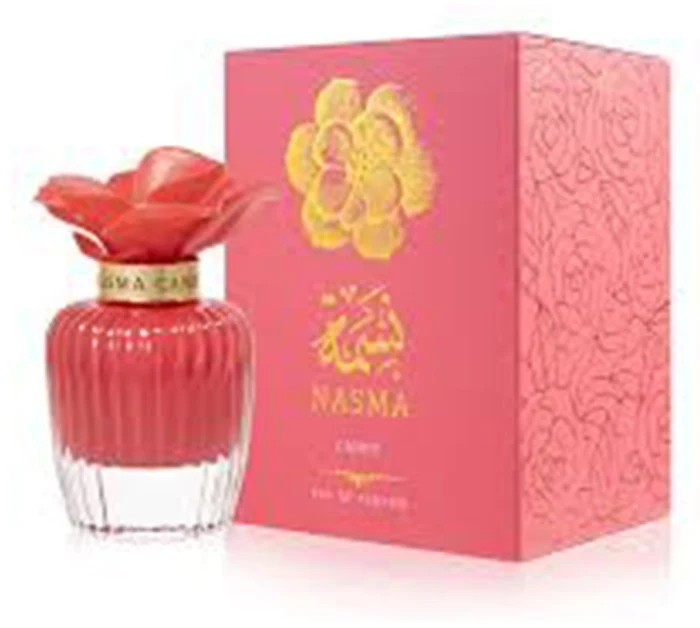 Assala Prime Nasma Candy, frasco rojo con una flor como tapón, y su estuche