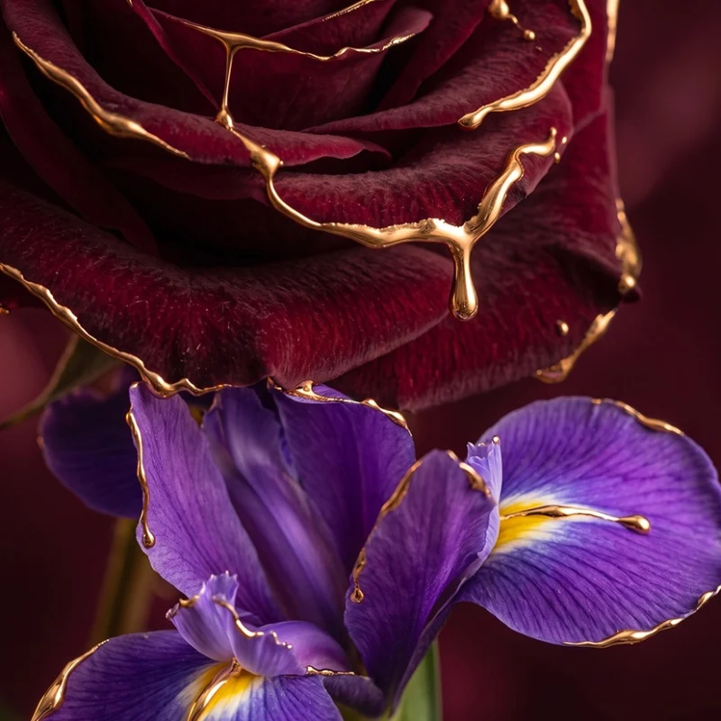 Rosa e iris con detalles dorados, imagen de las notas de corazón de Oud & Roses Auric (Ahmed Al Maghribi)