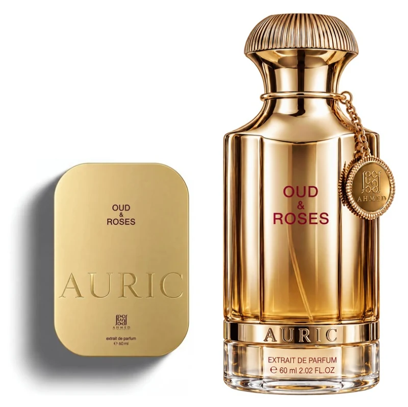 Frasco dorado con medalla colgante y estuche dorado de Ahmed Al Maghribi Oud & Roses Auric, Extrait de Parfum 60 ml