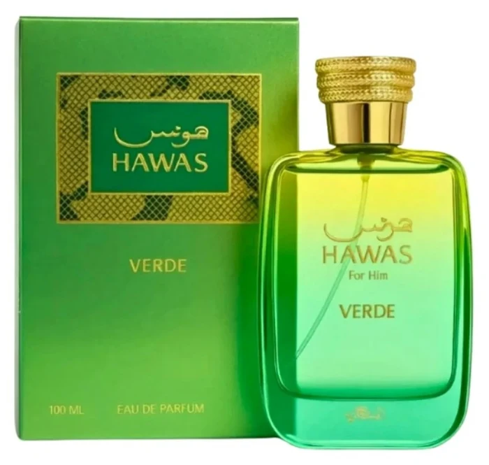 Frasco en degradado verde y estuche verde de Rasasi Hawas Verde, Eau de Parfum 100 ml