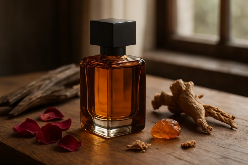 frasco de perfume nicho con ingredientes naturales de perfumería