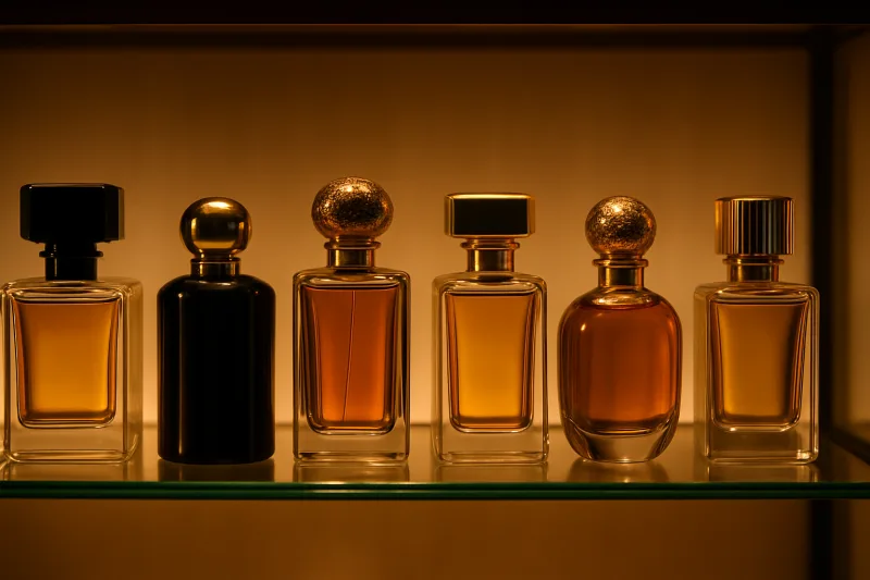 colección de frascos de perfumería nicho en una estantería de boutique
