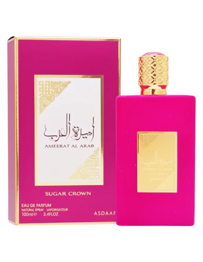 frasco fucsia de Ameerat Al Arab Sugar Crown de Asdaaf con su caja
