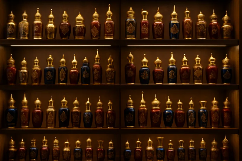 estantería de una tienda de perfumes árabes originales