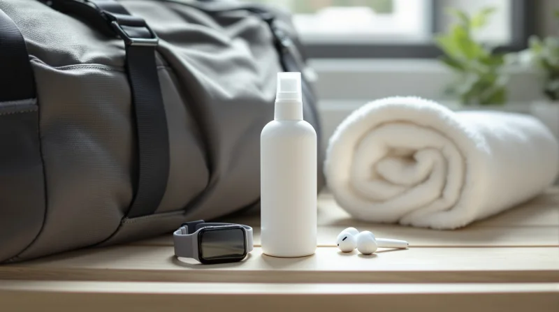 kit de fragancia para la bolsa de deporte: spray, toalla y accesorios de gimnasio