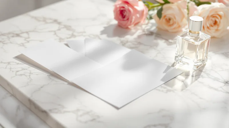 como probar un perfume: tiras de papel y frasco sobre marmol