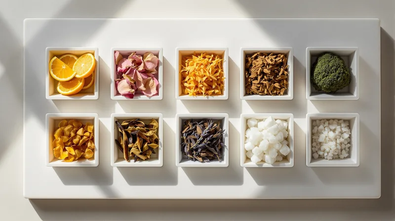 ingredientes de las familias olfativas: citricos, petalos, maderas, resinas y almizcle