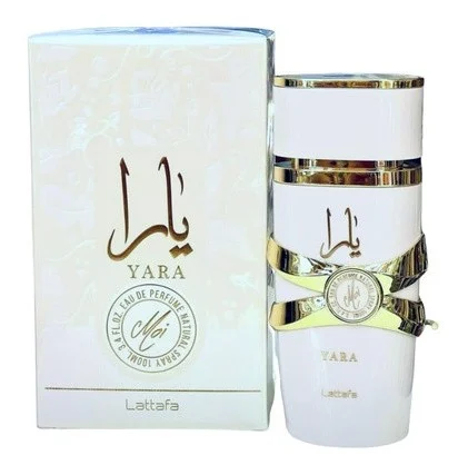 Lattafa Yara Moi Eau de Parfum 100 ml, frasco blanco con detalles dorados, con su caja