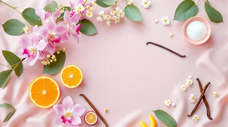 Imagen conceptual de las notas de Lattafa Yara: orquidea, heliotropo, mandarina, frutas tropicales y vainilla (no es una fotografia del producto)