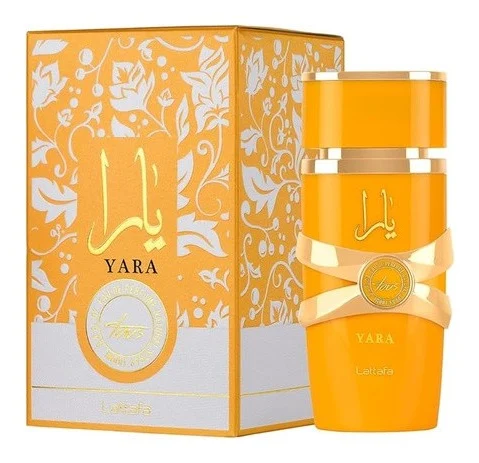 Lattafa Yara Tous Eau de Parfum 100 ml, frasco naranja, con su caja