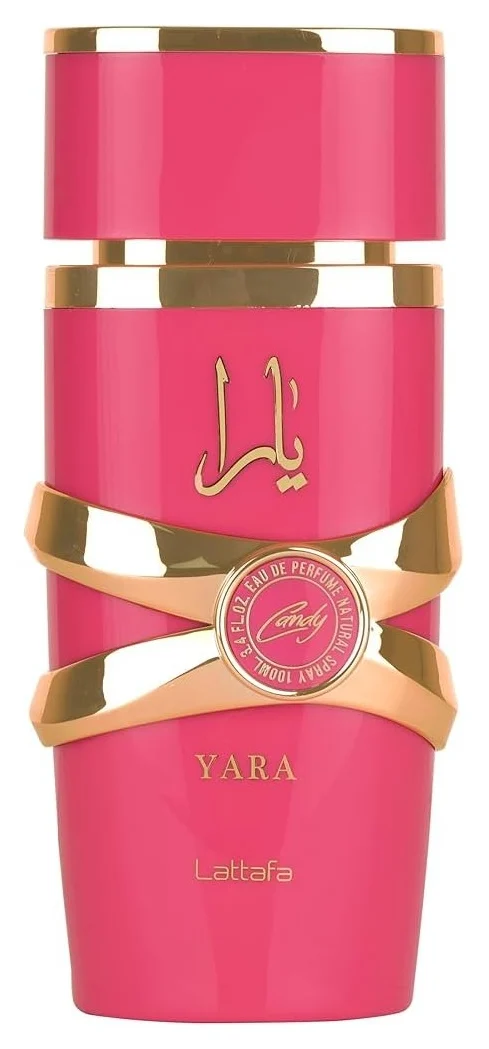 Lattafa Yara Candy Eau de Parfum 100 ml, frasco fucsia con detalles dorados