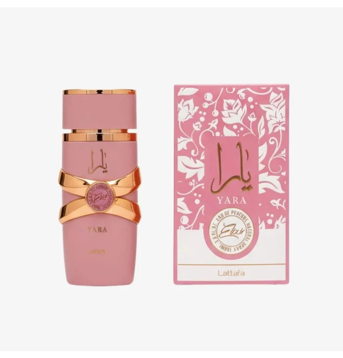 Lattafa Yara Elixir Eau de Parfum 100 ml, frasco rosa empolvado con detalles en oro rosa, con su caja