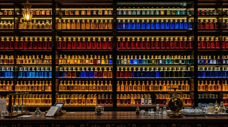 tienda de perfumeria arabe en un zoco de Dubai con estanterias de frascos