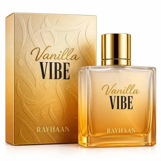 frasco y caja dorada de Rayhaan Vanilla Vibe 100 ml