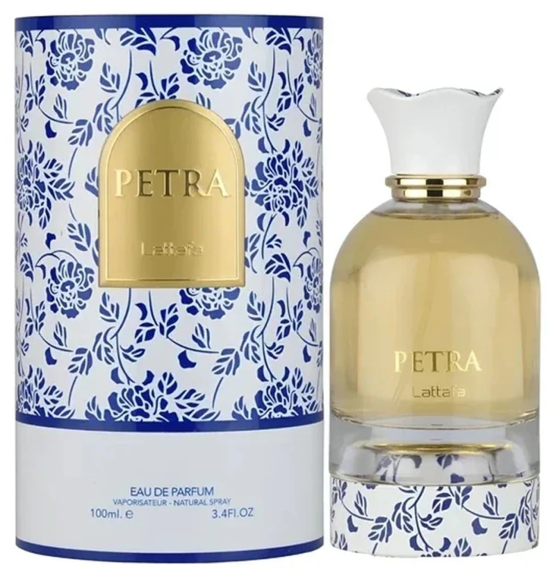 Lattafa Petra original, frasco ámbar con estuche azul y blanco