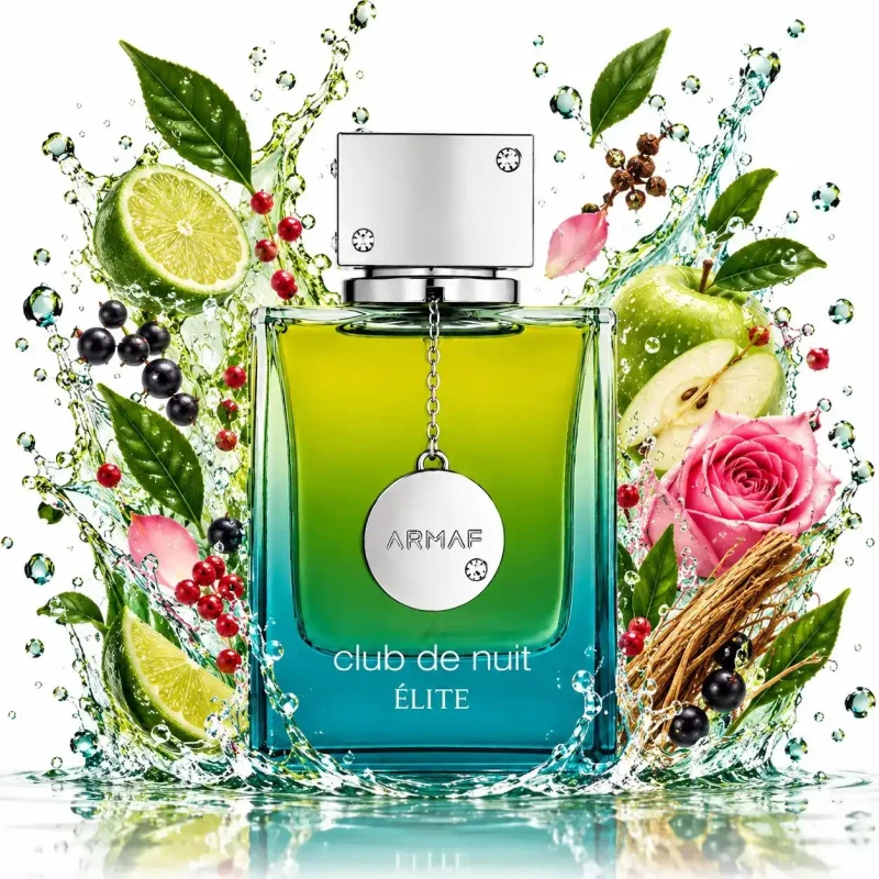 Armaf Club de Nuit Élite con sus notas principales: lima, manzana verde, grosella negra, rosa, té verde y pimienta rosa