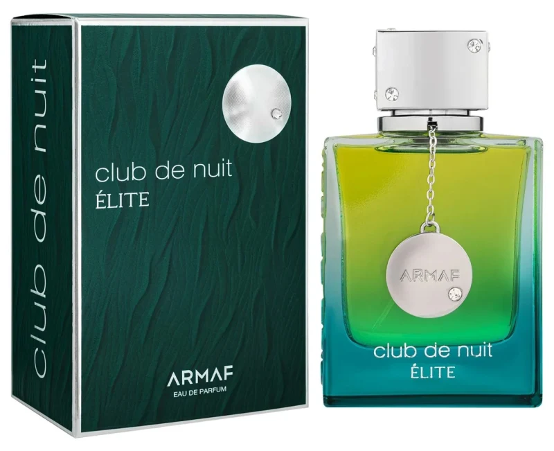 Frasco degradado de lima a turquesa y estuche verde de Armaf Club de Nuit Élite Eau de Parfum 105 ml