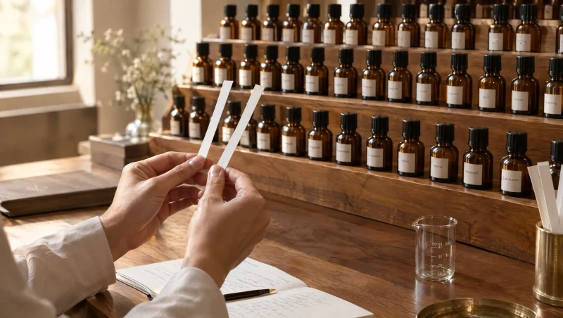 Perfumista comparando dos tiras de papel secante frente a un órgano de perfumería