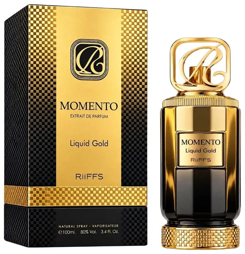 Frasco negro y dorado y estuche de RiiFFS Momento Liquid Gold Extrait de Parfum 100 ml