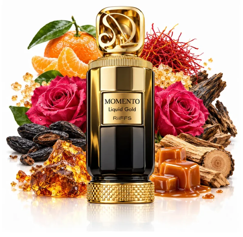 RiiFFS Momento Liquid Gold con sus notas: mandarina, azafrán, rosa, haba tonka, ámbar, oud y caramelo