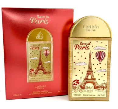 Frasco y estuche de Lattafa Pride Love in Paris con la ilustración de París