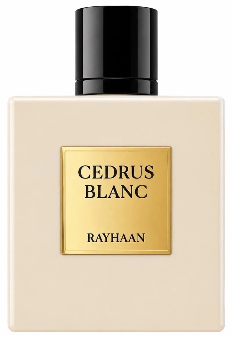 Frasco crema con tapón negro y placa dorada de Rayhaan Cedrus Blanc