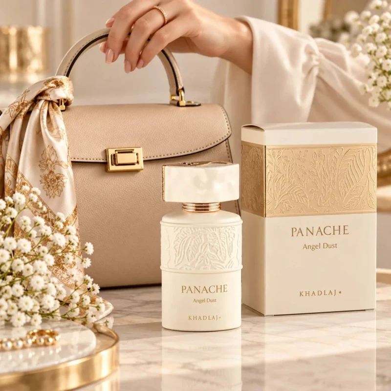 Frasco y estuche crema y oro de Khadlaj Panache Angel Dust junto a un bolso