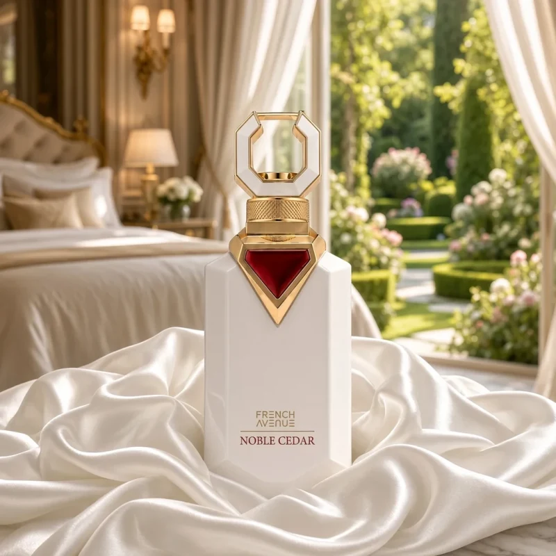 Frasco blanco, oro y granate de French Avenue Noble Cedar sobre seda