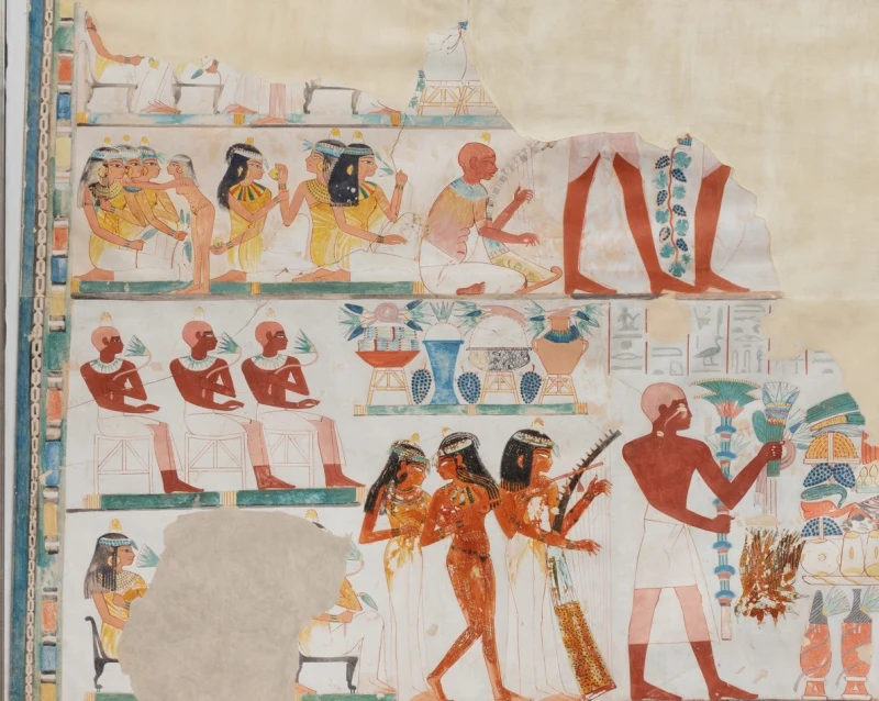 Banquete con invitados y músicas en la tumba de Nakht (TT 52), facsímil del Metropolitan Museum of Art