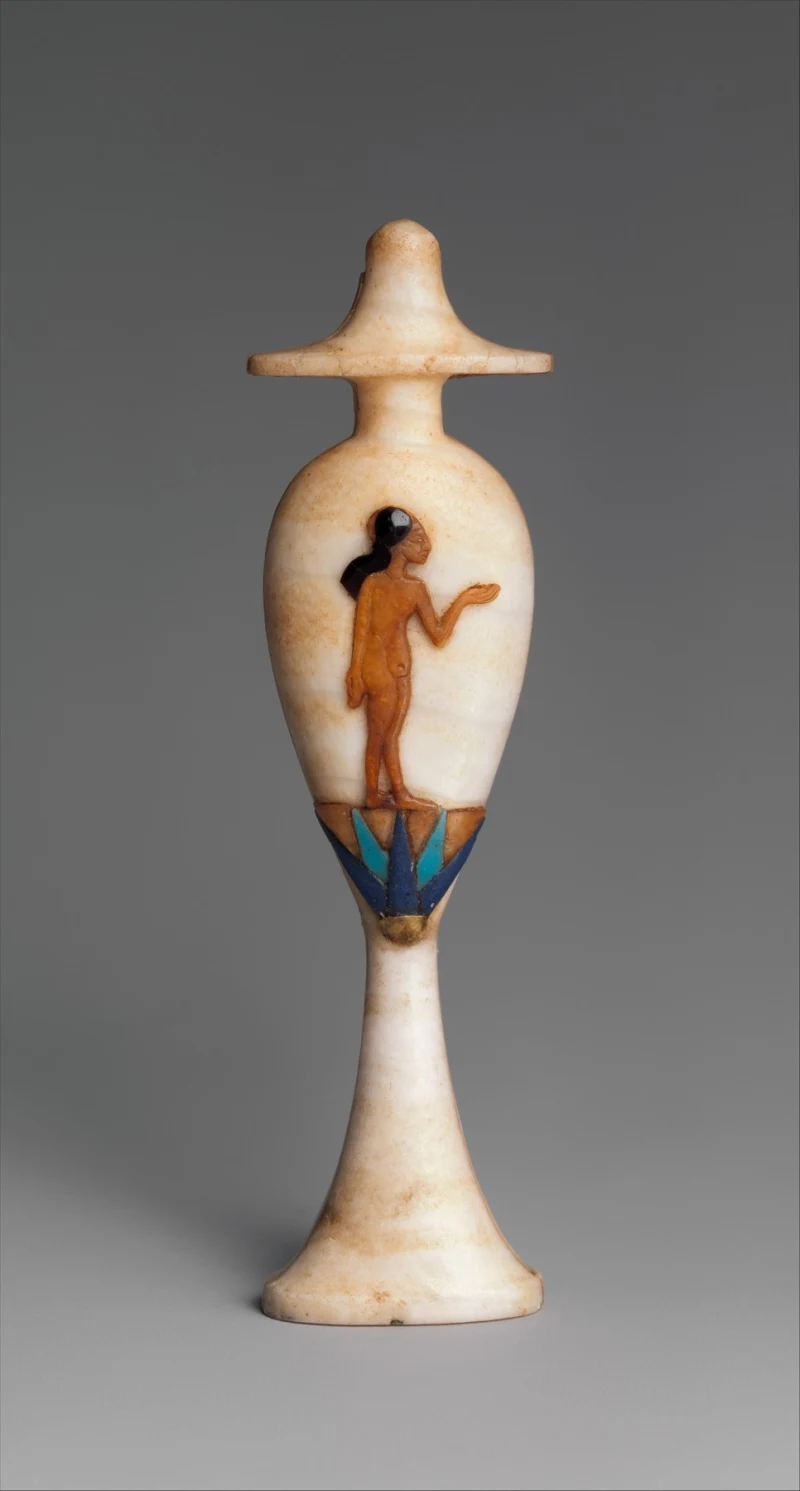 Frasco de perfume de travertino con una princesa incrustada, época de Akenatón, Metropolitan Museum of Art