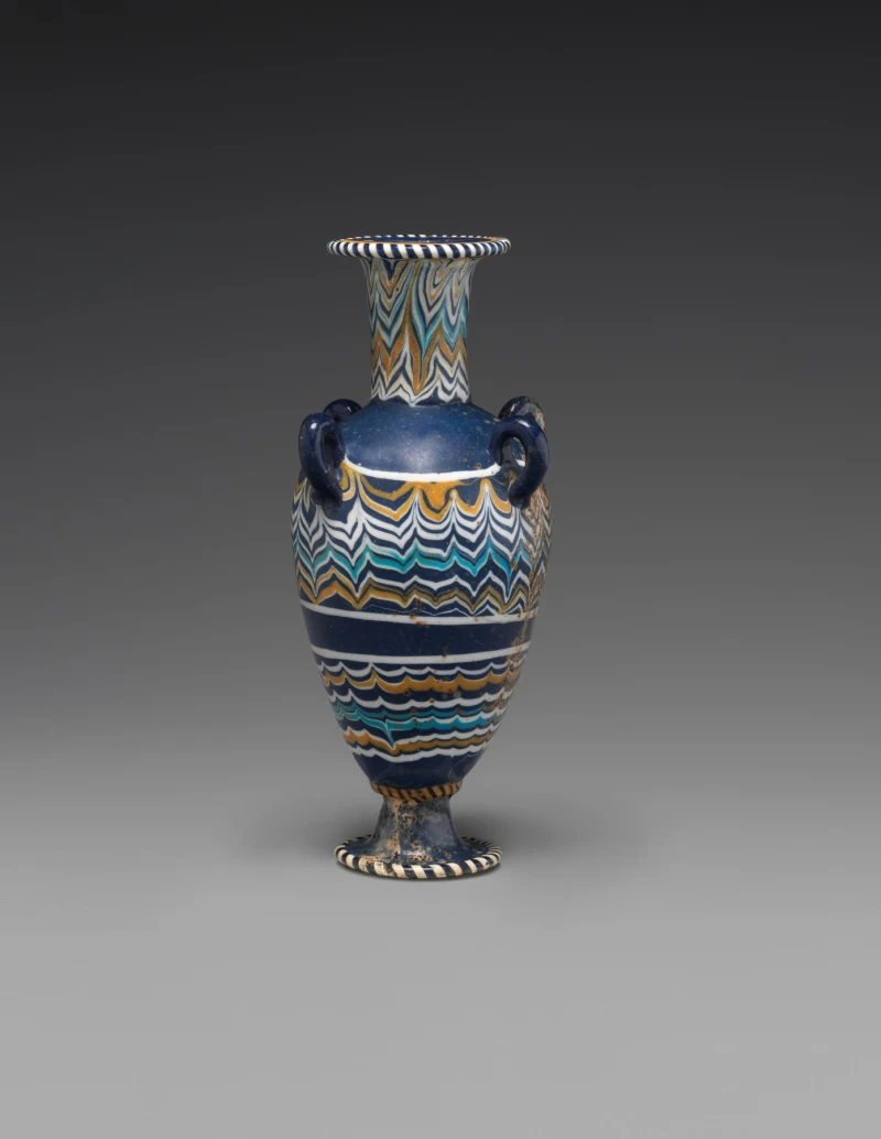 Frasco de perfume egipcio de vidrio en forma de ánfora, dinastía XVIII, Metropolitan Museum of Art