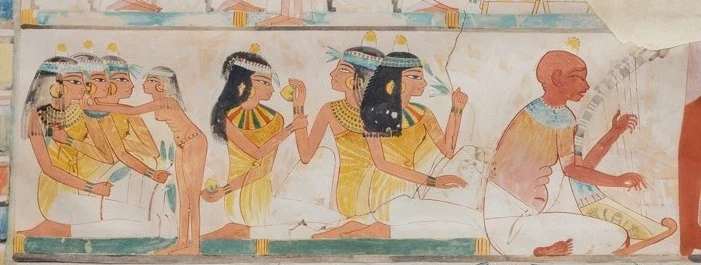 Invitadas a un banquete con pequeños conos sobre la cabeza, tumba de Nakht (TT 52)