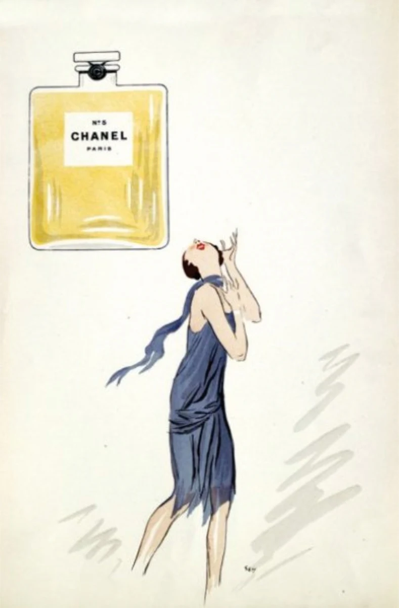 Chanel Nº5 dibujado por Sem, el caricaturista de moda de la época (dominio público)