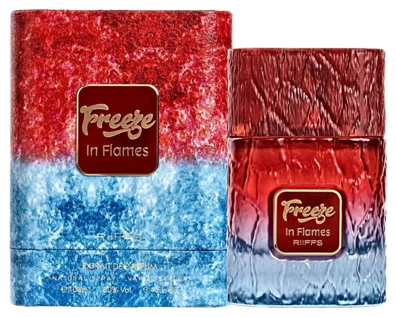 Frasco y estuche de RiiFFS Freeze In Flames Extrait de Parfum 100 ml, en rojo y azul