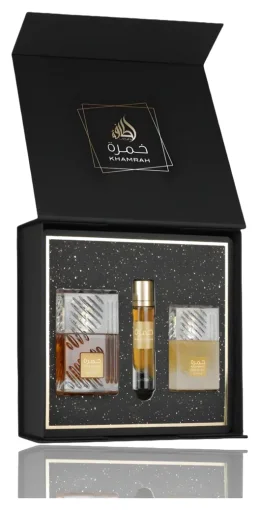 Lattafa Khamrah Gift Set - Conjunto de Regalo Con Eau de Parfum 100 Ml, Spray de Viaje 12 Ml y Laca para Cabello 50 Ml, Fraganci