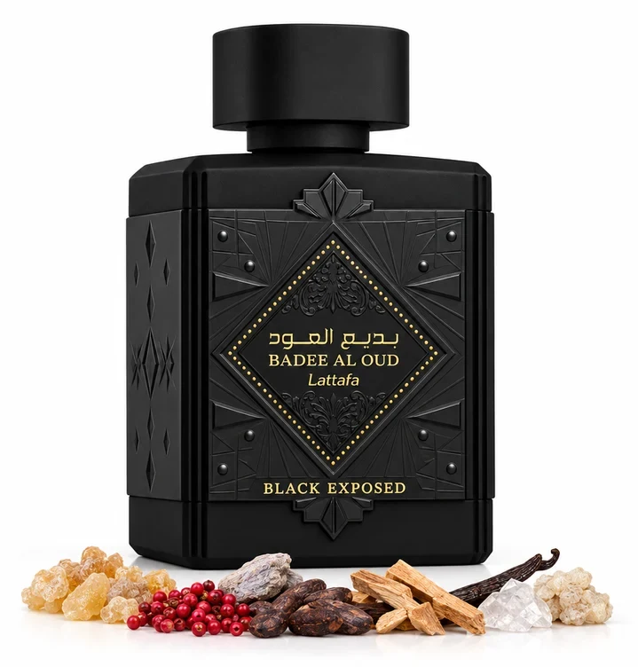Lattafa Badee Al Oud Black Exposed con sus notas: olíbano, pimienta rosa, cacao, vainilla y ládano