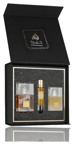 Lattafa Khamrah Gift Set - Conjunto de Regalo Con Eau de Parfum 100 Ml, Spray de Viaje 12 Ml y Laca para Cabello 50 Ml, Fraganci