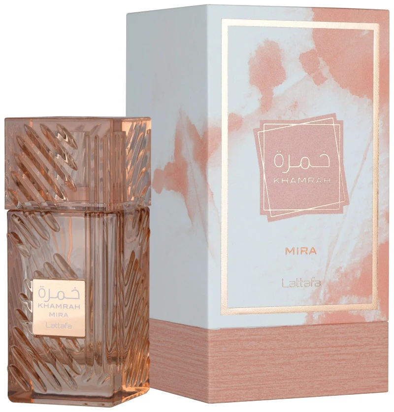 Frasco rosado y estuche de Lattafa Khamrah Mira Eau de Parfum 100 ml
