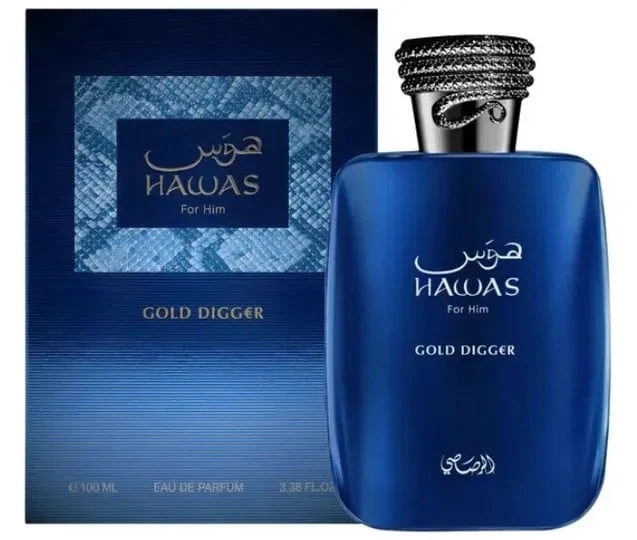 Frasco azul y estuche de Rasasi Hawas Gold Digger Eau de Parfum 100 ml
